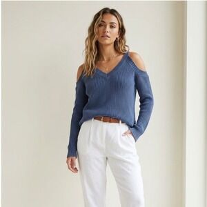Cotton On Womens Blue Ribbed Cold Shoulder V-Neck Cotton Sweater L